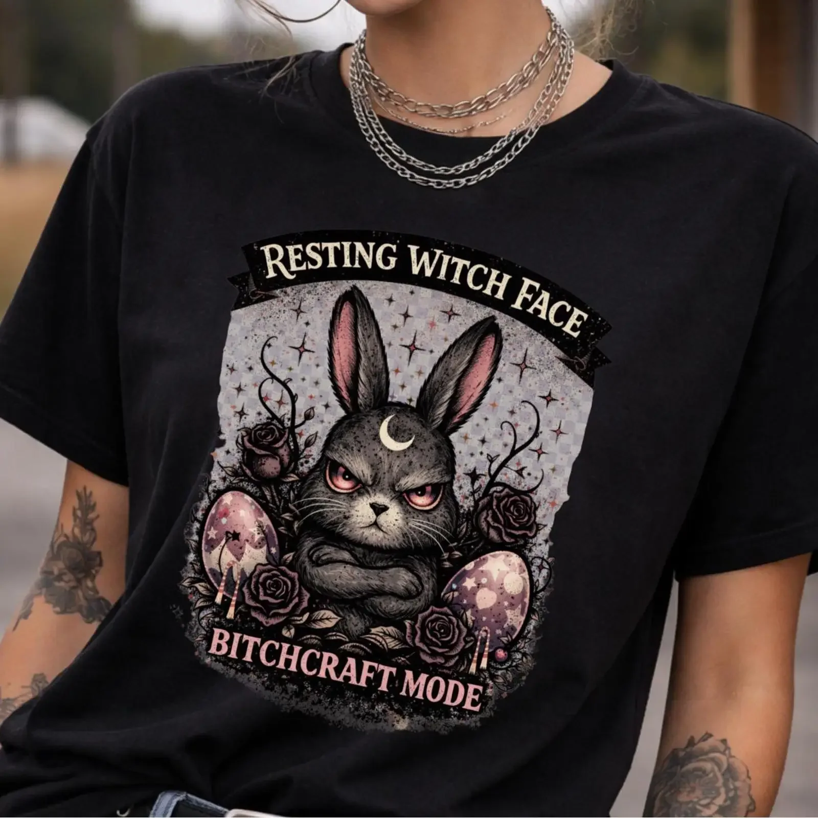 Resting Witch Face T Shirt Gothic Bunny Funny Bitchcraft Mode Top Dark Humor Rabbit Witchy Aesthetic  vintage Washed Stylish