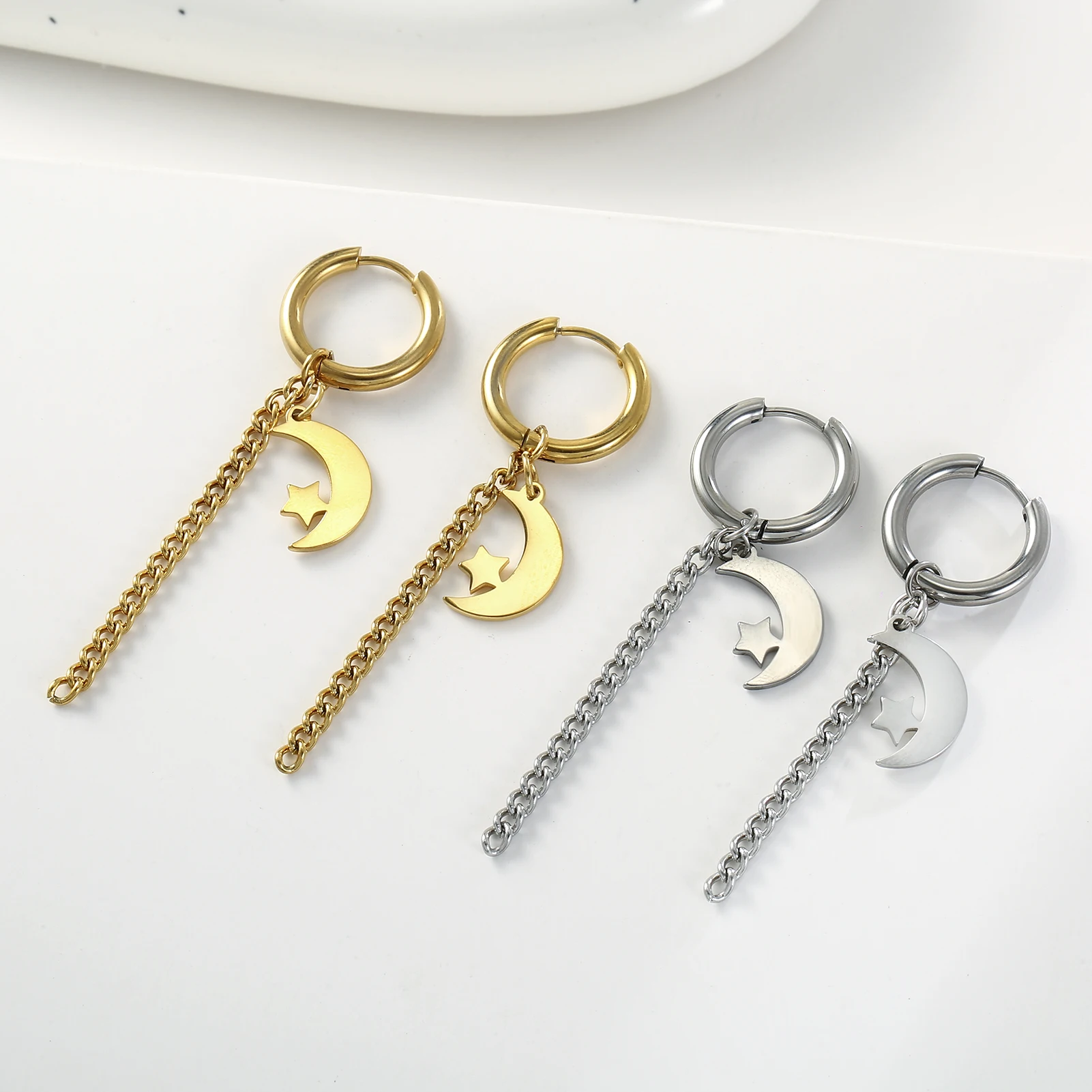 Kkjoy Edelstahl Neue Design Kette Hoop Ohrring Für Frauen Hohl Solide Stern Mond Anhänger Knorpel Ohrring Piercing Schmuck – Detail 20
