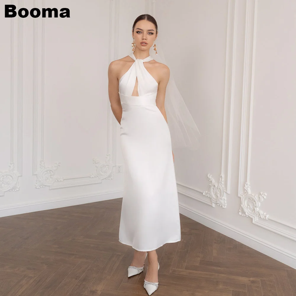 Booma Midi Mermaid Wedding Party Dresses Halter Sleeveless Brides Party Gowns for Women Tea-length Bridals Evening Dress