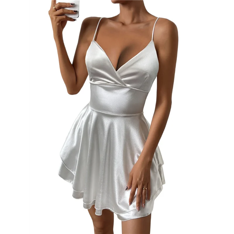 

Women Spaghetti Strap Satin Dress Sleeveless Low Cut Backless Short Romper Dress Party Jumpsuit Mini Sundress