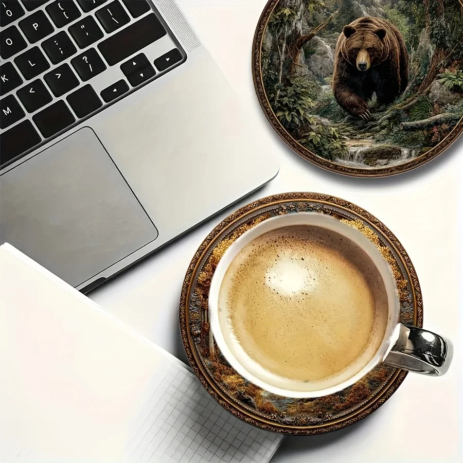 2D Retro Brown Bear Pattern Wooden Coaster Desktop Protection Restaurants Bars Coffee Shops Offices Home Decor Housewarming Gift