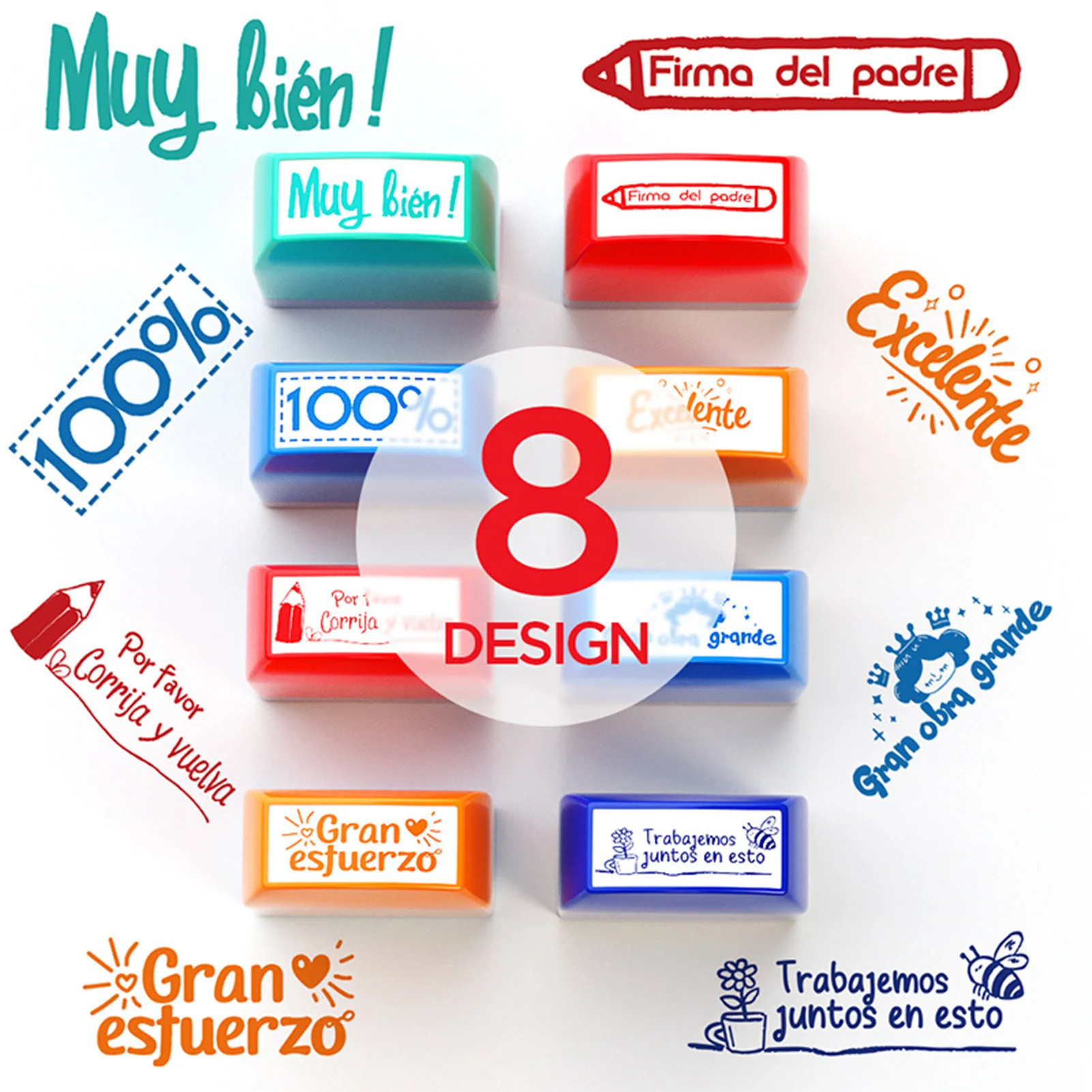 8pcs Spanish Praise Teacher Stamps Safe to Use Durable Material Art Projects Stamps for Primary Schools Kindergartens