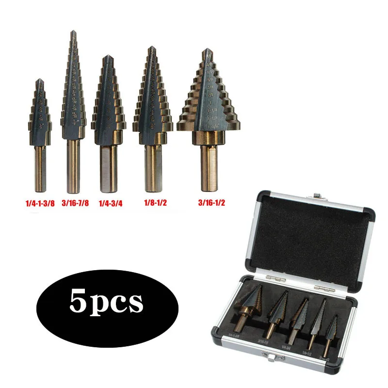 Stufenbohrer-Öffnungswerkzeug 5-teiliges Aluminium-Box-Set Hochgeschwindigkeits-Bohrer ​ ​ Stahl-Metall-Pagoden-Bohrer für Zentrierbohrungen – Detail 8