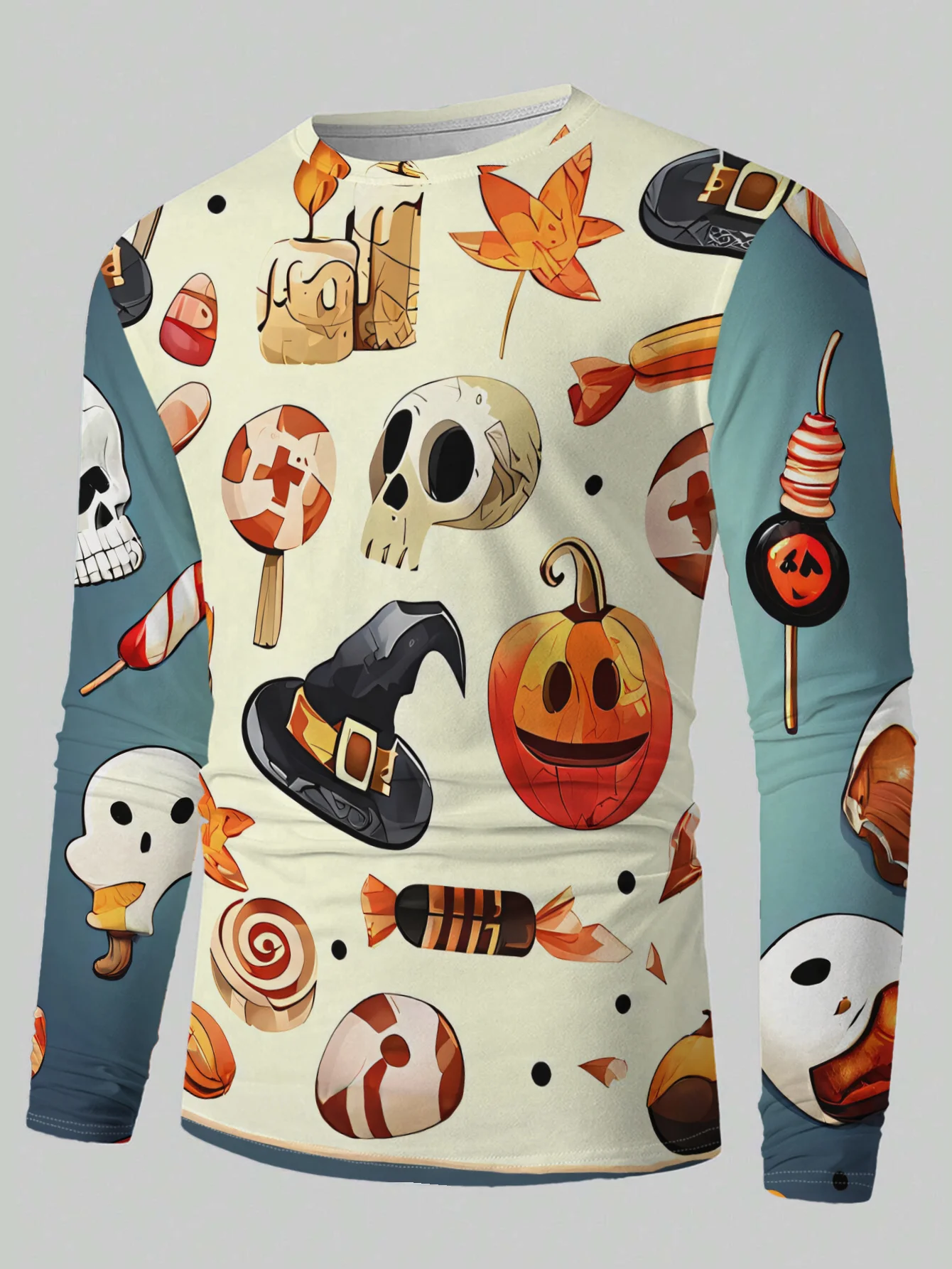 Men's Long Sleeve T‑Shirt Cartoon Skull Pumpkin Candy Witch Hat Maple Leaf Print Crew Neck Fun Halloween Casual Streetwear Top