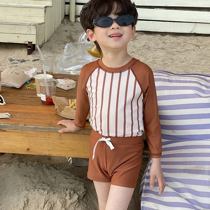 Korean Style Summer Baby Boy's Swimwear Sunscreen Long Sleeved Striped Swimsuit+Swim Trunks Children Swimsuit Beach Shorts H3326