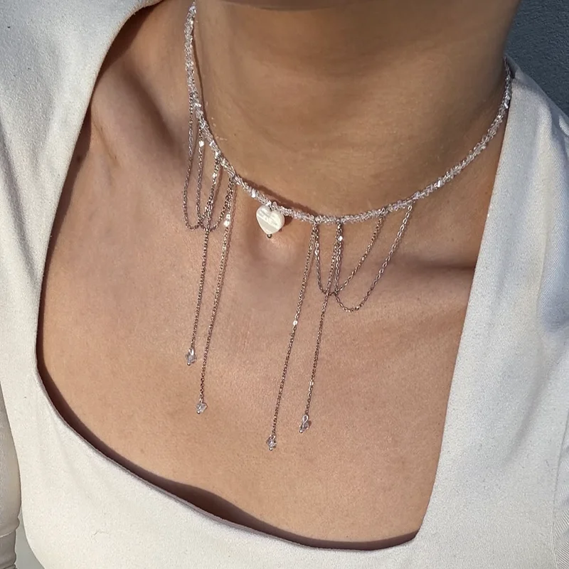 Boho Geometric Transparent Crystal Jewelry Fashion Vintage Tassel Sexy Shell Heart Pendant Tassel Necklace For Women Neelry N555