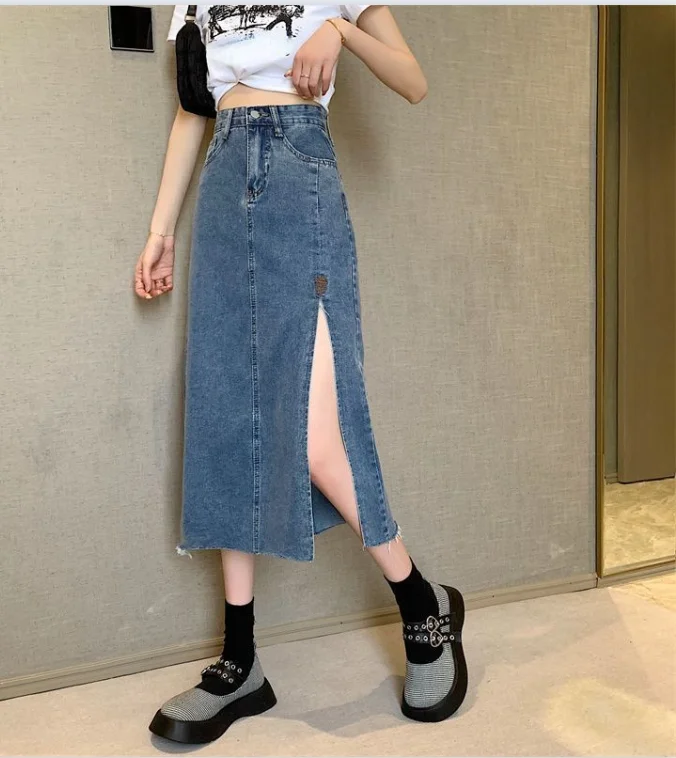 

2024 Women's Button A-line Side Split High Waist Denim Skirt Office Lady Black Blue Jean Skirts Autumn Winter Long Skirt