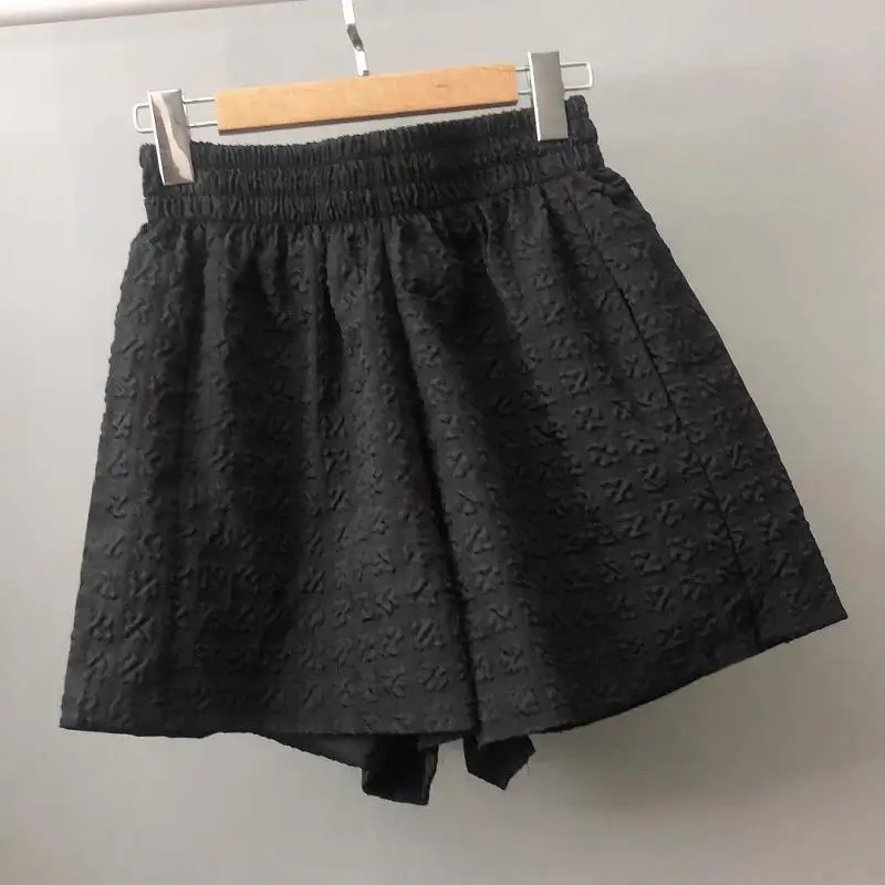 Korean New Summer Women's Solid Jacquard Weave Elastic High Waist Simplicity Versatile Loose A-line Knee Length Wide Leg Shorts