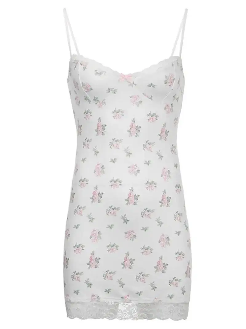 WOMENGAGA 夏新韓国スタイルセクシーなレースプリントフラワースプライス純粋な欲望スリムタンクミニドレス甘い女性トップ QMF5