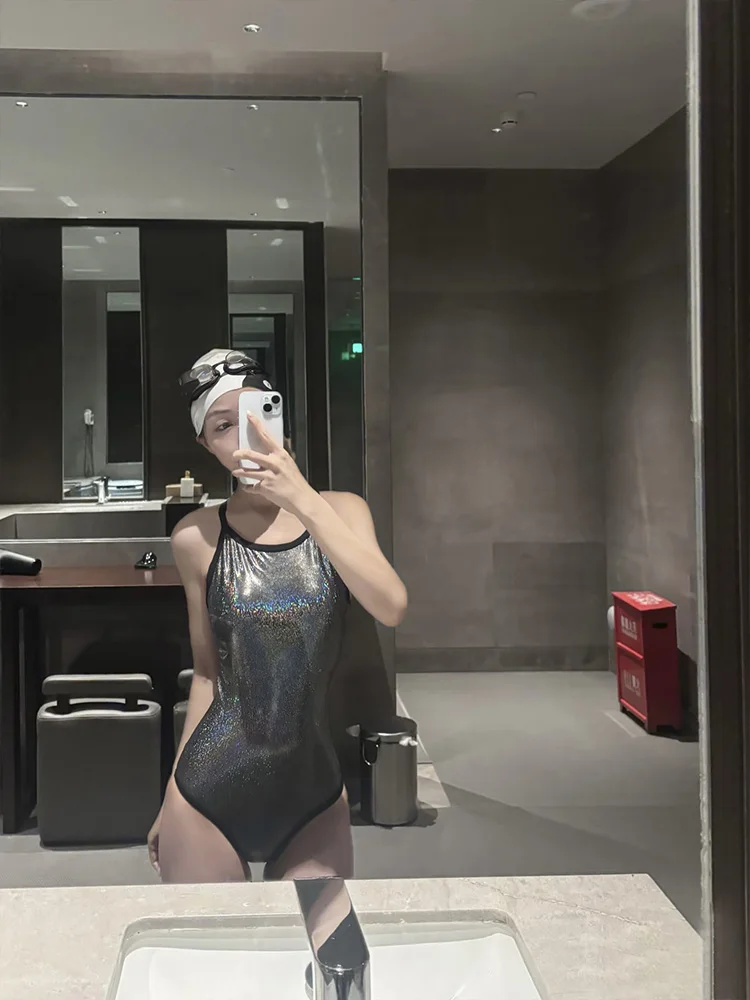 

Sexy Bla Lurex Camouflage Triangular One-Piece Swimsuit Women's Profional Hollow out Ba Slimming Cetition Swimwear