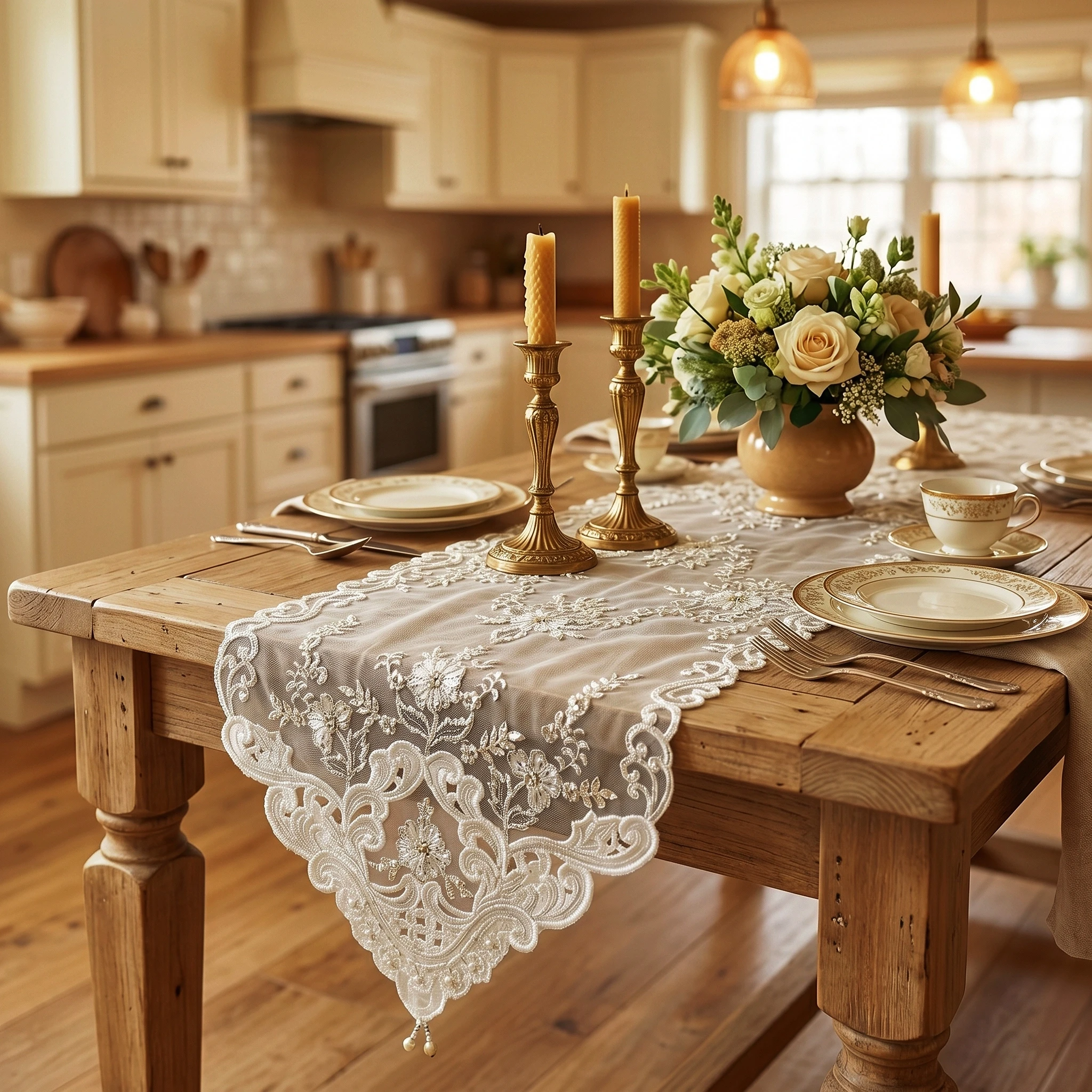 1pcs Exquisite White Bridal Table Cloth Embroidered Lace Table Runner Dining Table Centerpiece Decor Wedding Party Decoration