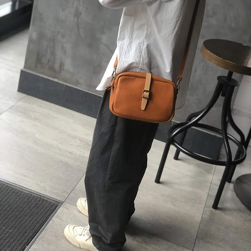 Vegetable Tanned Leather Bag Niche Soft Leather Women's Bag Handmade Retro Small Genuine Leather Square Bag Women's Crossbody 20