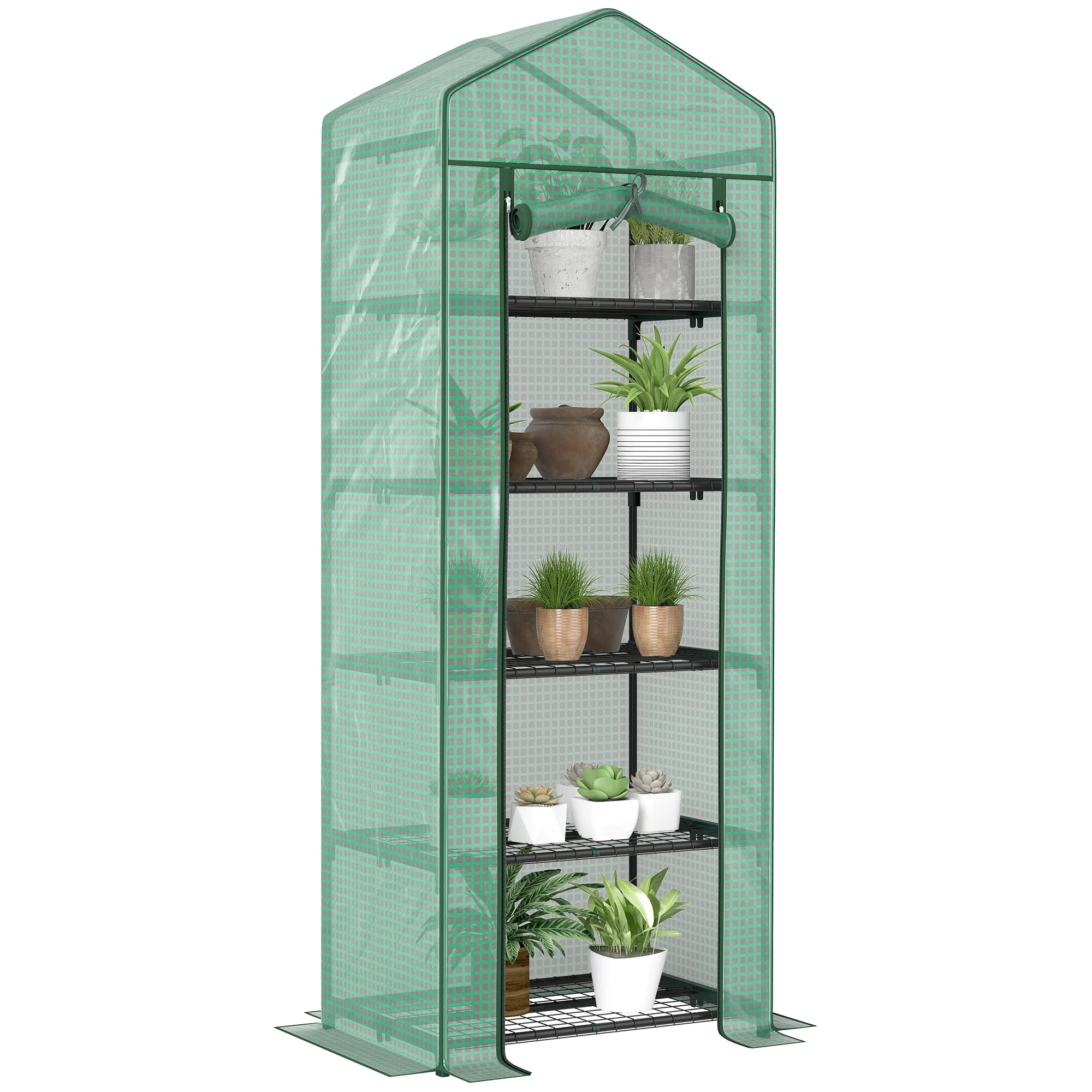 Invernadero de jardín Outsunny de polietileno con estantes de 5 niveles, invernadero para balcón, lona reforzada, estructura de acero, puerta con cremallera, enrollable, para flores, plantas y