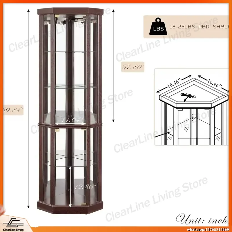 Corner Curio Cabinet 70 Inch Tall Lighted Glass Display Cabinet with Adjustable Shelves Tempered Glass Doors LED Bulbs