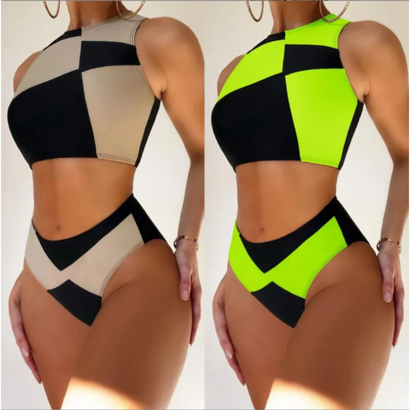 

Two-tone split swimsuit, high-waisted bikini, slimming swimwear, sexy vacation wear for womenbikini