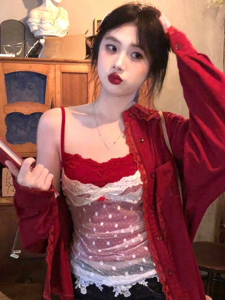 Y2k Aesthetic Two Piece Sets Lace Patchwork Sun Protection Loose Blouses + Flower Print Grunge Tanks Female Autumn Vintage Suit