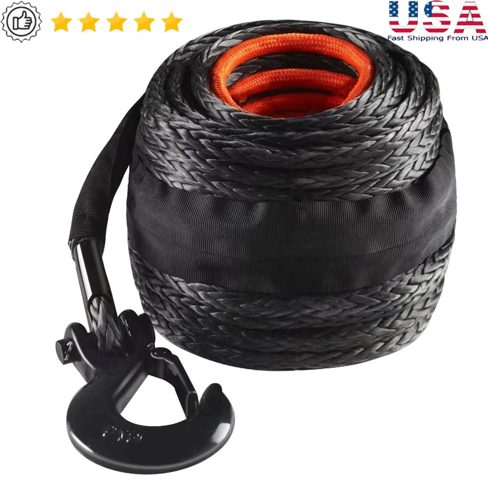 

Synthetic Winch Rope 3/8" x 100' 26500 lbs Towing Line SUVs Trucks Off-Road Use with Forged Steel Hook
