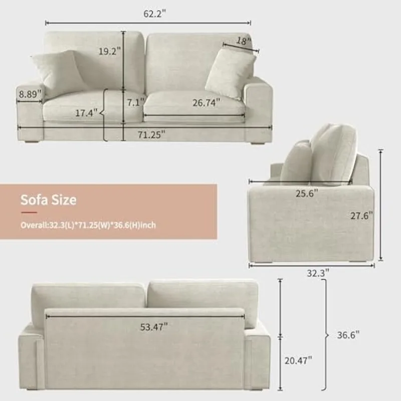 71.25 "Modern ruang tamu Chenille kursi Sofa, 2 kursi Sofa kecil, loveseat Sofa,Removable sarung Sofa ruang musim semi bantal