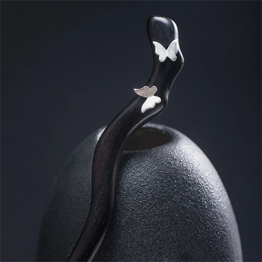 New 100% S925 Pure Silver Women\'s Men Retro Hairpin Ebony Wood Literary Butterfly Chinese style Hanfu Hair Accessories Jewelry