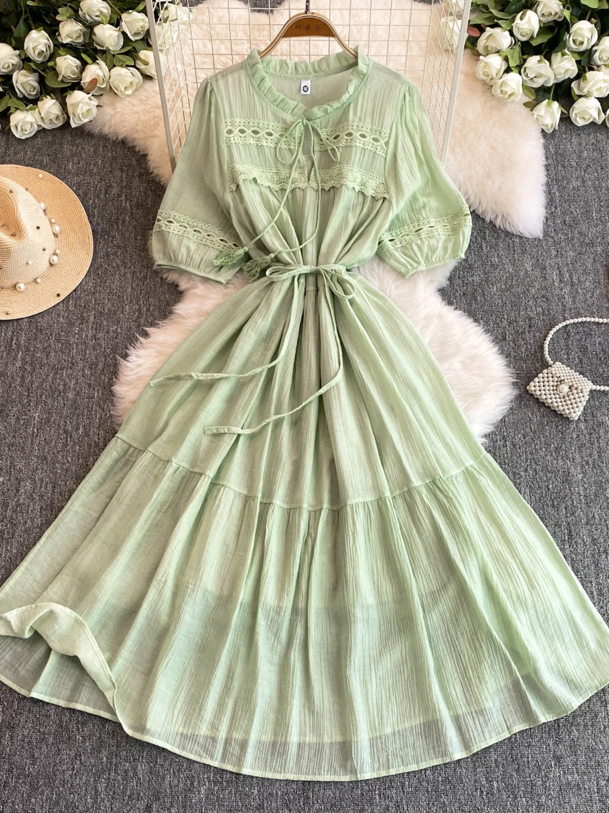 

Retro Gentle Sle Women's Dr Summer New Design Slimming Waist Bubble Sve Fairy Skirt High Waist A-Line Midi Dr