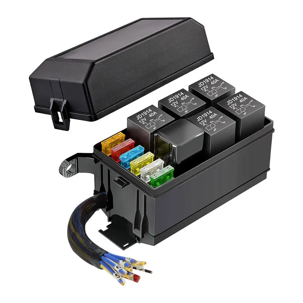 Automotive relay fuse box 12V/24V modified for automotive use with wire harness fuse box, automotive 6-way fuse box