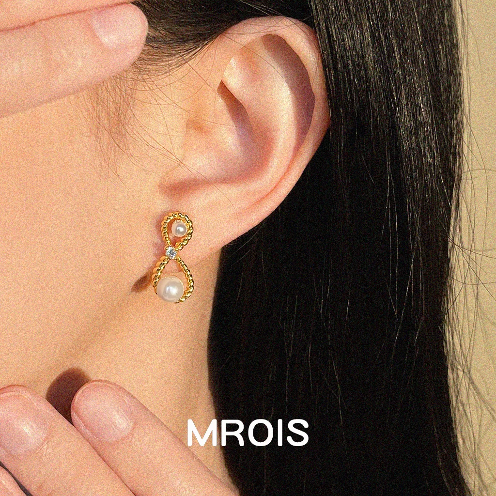 Original Mobius ring pearl zircon stud earrings geometric twist s925 silver needle earrings for women