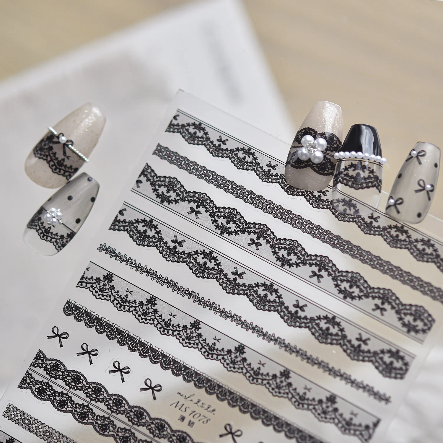 White Black Pink Large French Ballet Romantic 5D Nail Stickers Wave Lace Line Hollow Bow Flower Self Adhesive Decals for Women