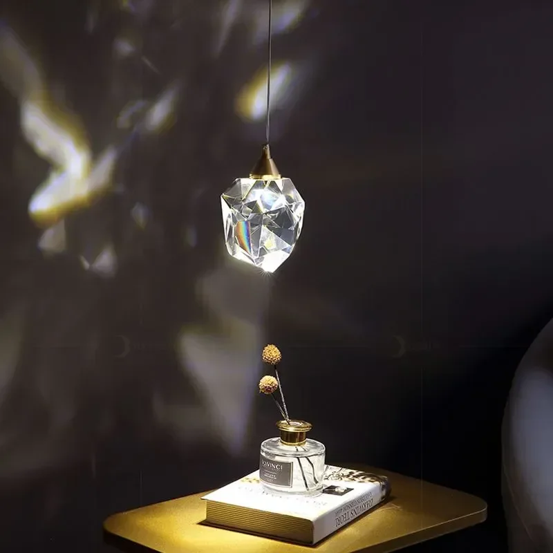 Nordic Crystal Round LED Pendant Light Minimalist Single Head Bedroom Bedside Decor Chandelier Bar Restaurant Hanging Lamp