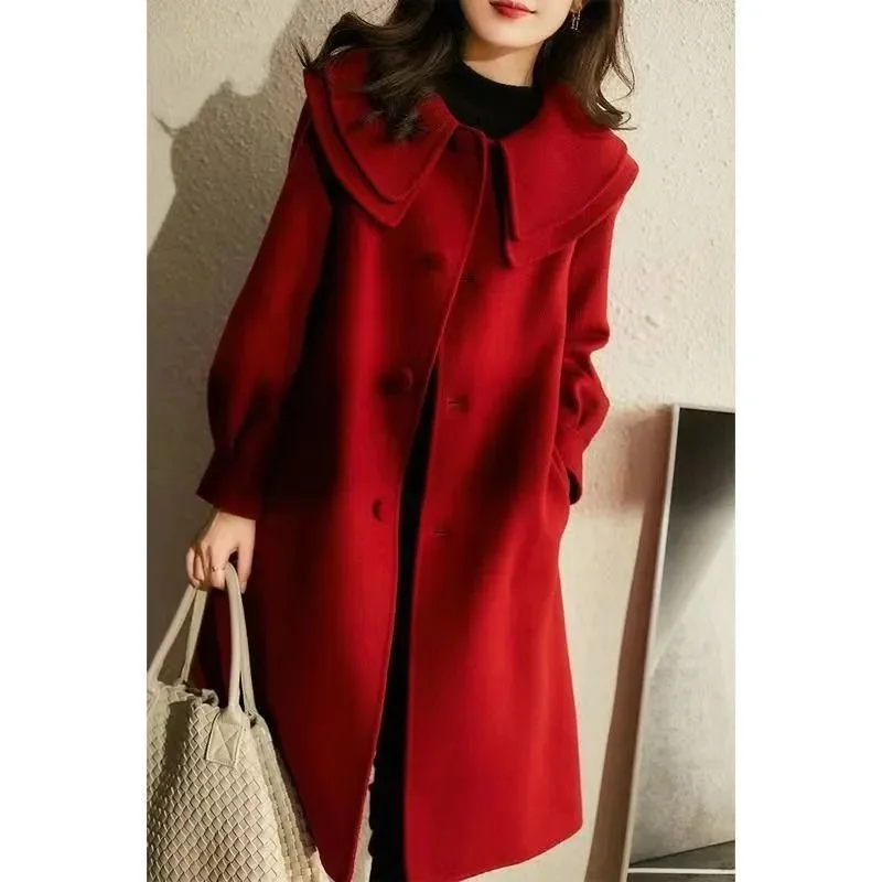 2024 New Autumn Winter Korean Wool Jacket Women Mid length Casual Single Breasted Female Woolen Outerwear Ladies Overcoat