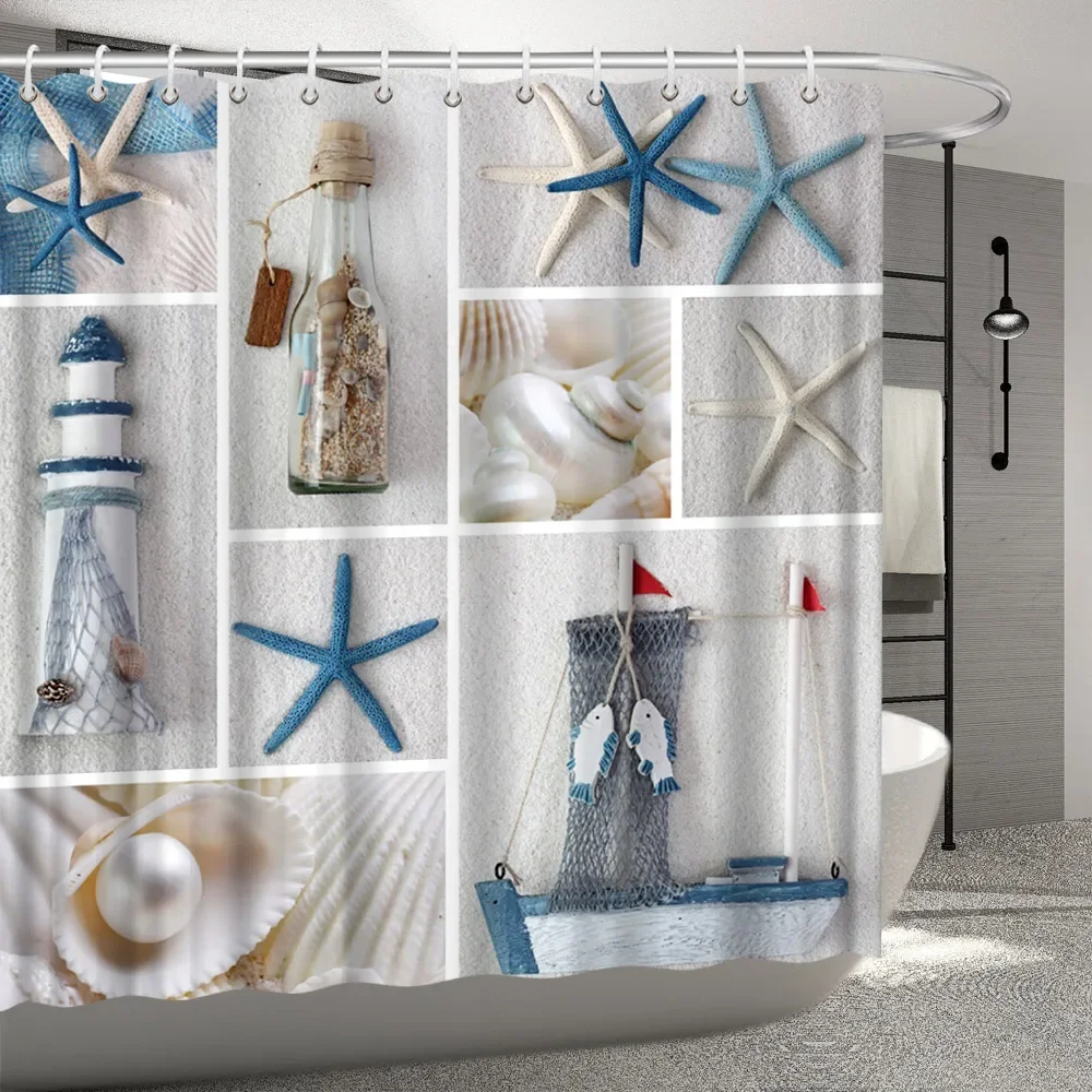 Beach Starfish Shower Curtain Blue Wood Panel Nautical Lighthouse Compass Anchor Bath Screen Bathroom Decoration Sets With Hooks