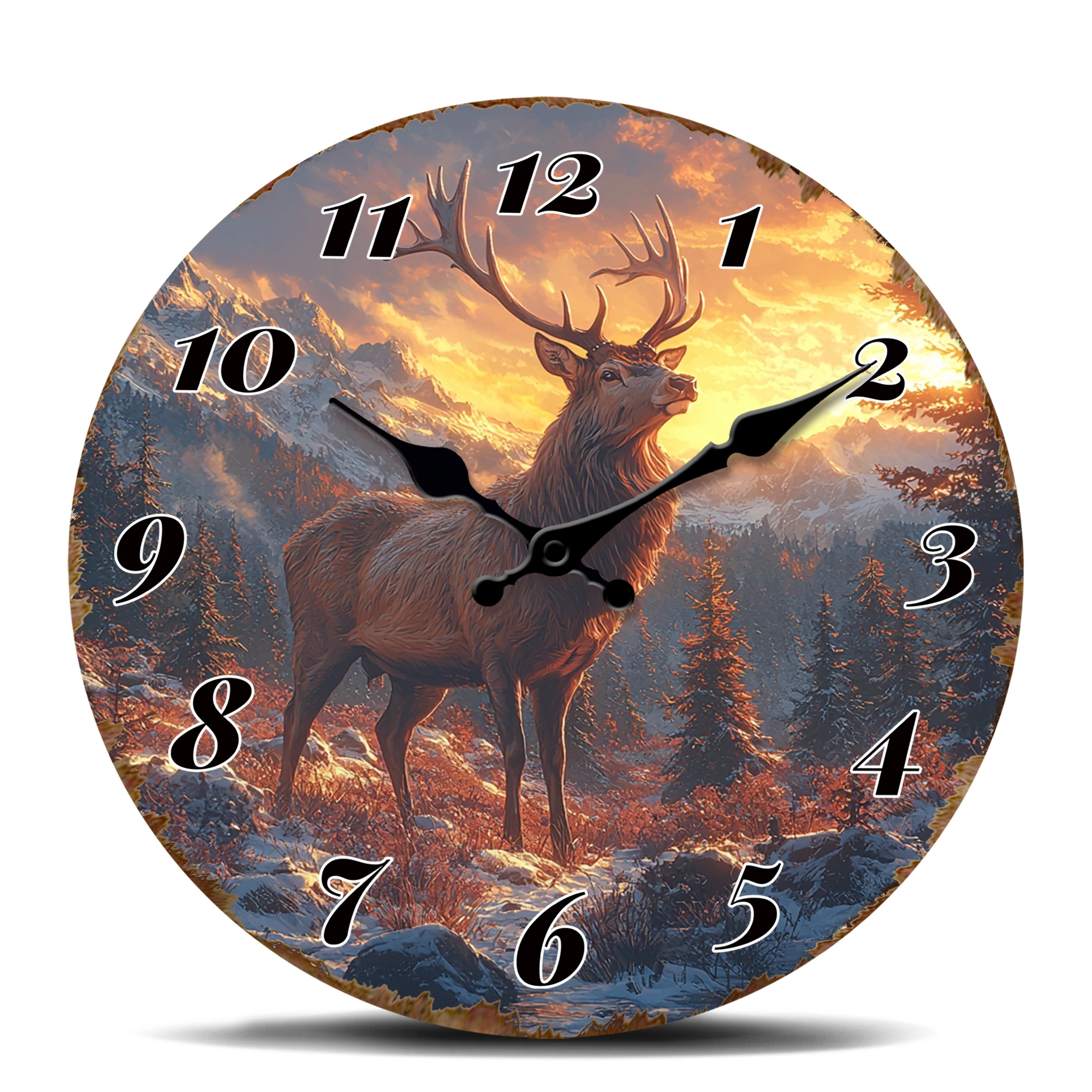Majestic Deer in Snowy Mountain Wall Clock, Silent Quartz Movement, Wildlife Winter Scene Timepiece, Nature Lover's Decorative C