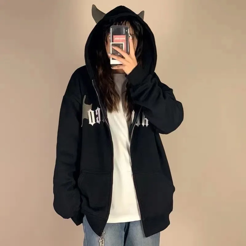 Cgc-女性用ジップアップパーカー、ルーズトレーナー、美的バットデザイン、特大パーカー、カジュアルウェア、y2kファッション、秋冬、2023