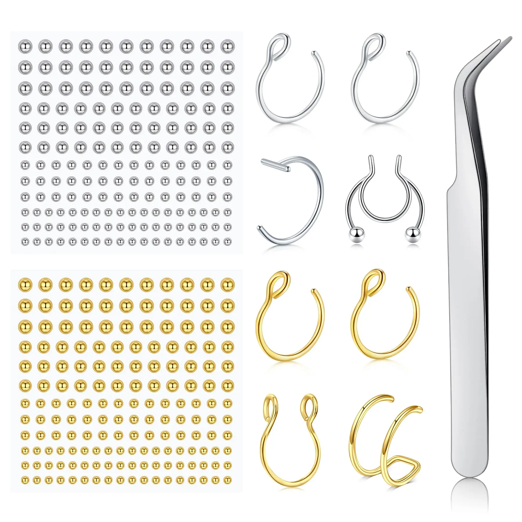 Non‑Pierced Fake Nose Rings Set Self‑Adhesive Nose Stud Stickers Clip‑on Nose Hoop with Tweezers for Party Daily Decoration