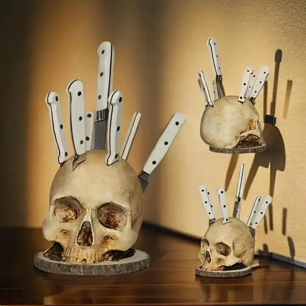Skull-Shaped Knife Holder with Bone Texture Dark Horror Kitchen Decor for Halloween Gothic Style Stable Unique Gift for Horror F view 4