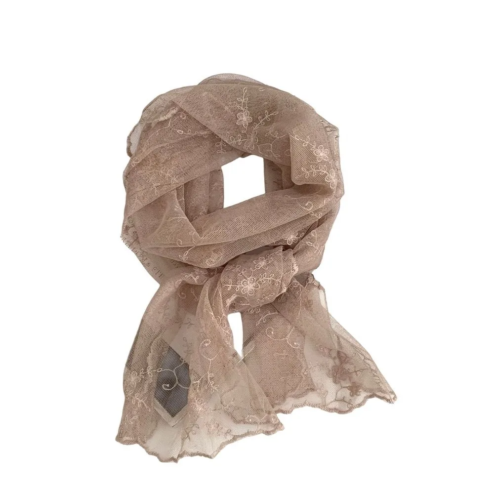 

Fashion Long Lace Scarf Breathable Flower Embroidered Neck Protection Scarf Solid Color Lightweight Shawl Headscarf Summer