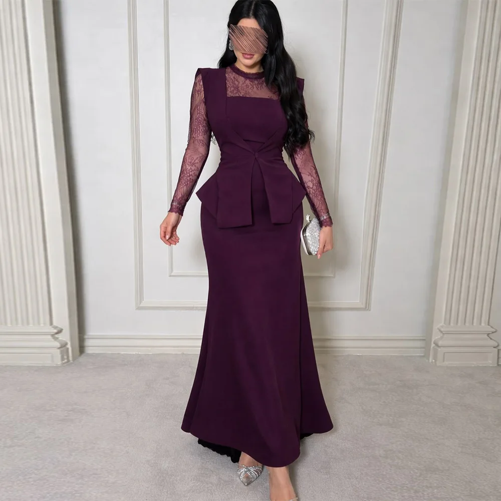 

Customized Crew Neck Long Sleeves Evening Dress High Quality Lace Mermaid Celebrity Gowns Fashion Sweep Train Party Dress