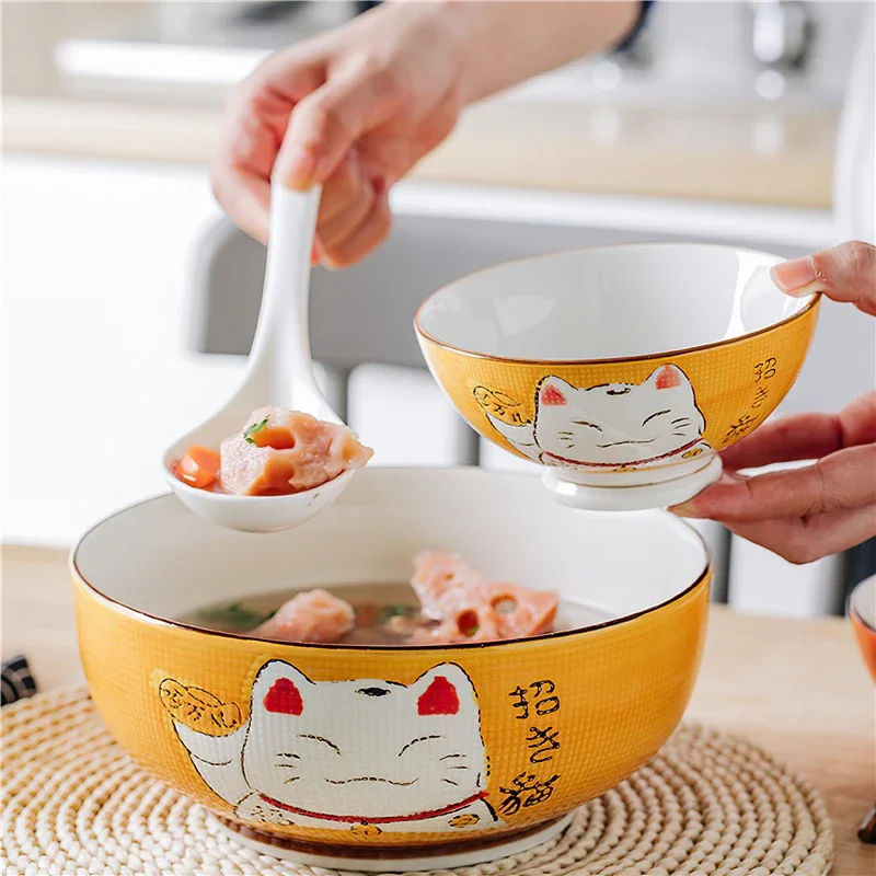Cuchara de cerámica para sopa, vajilla japonesa blanca de hueso de gato de la suerte, suministros de cocina para el hogar y restaurante, 14cm