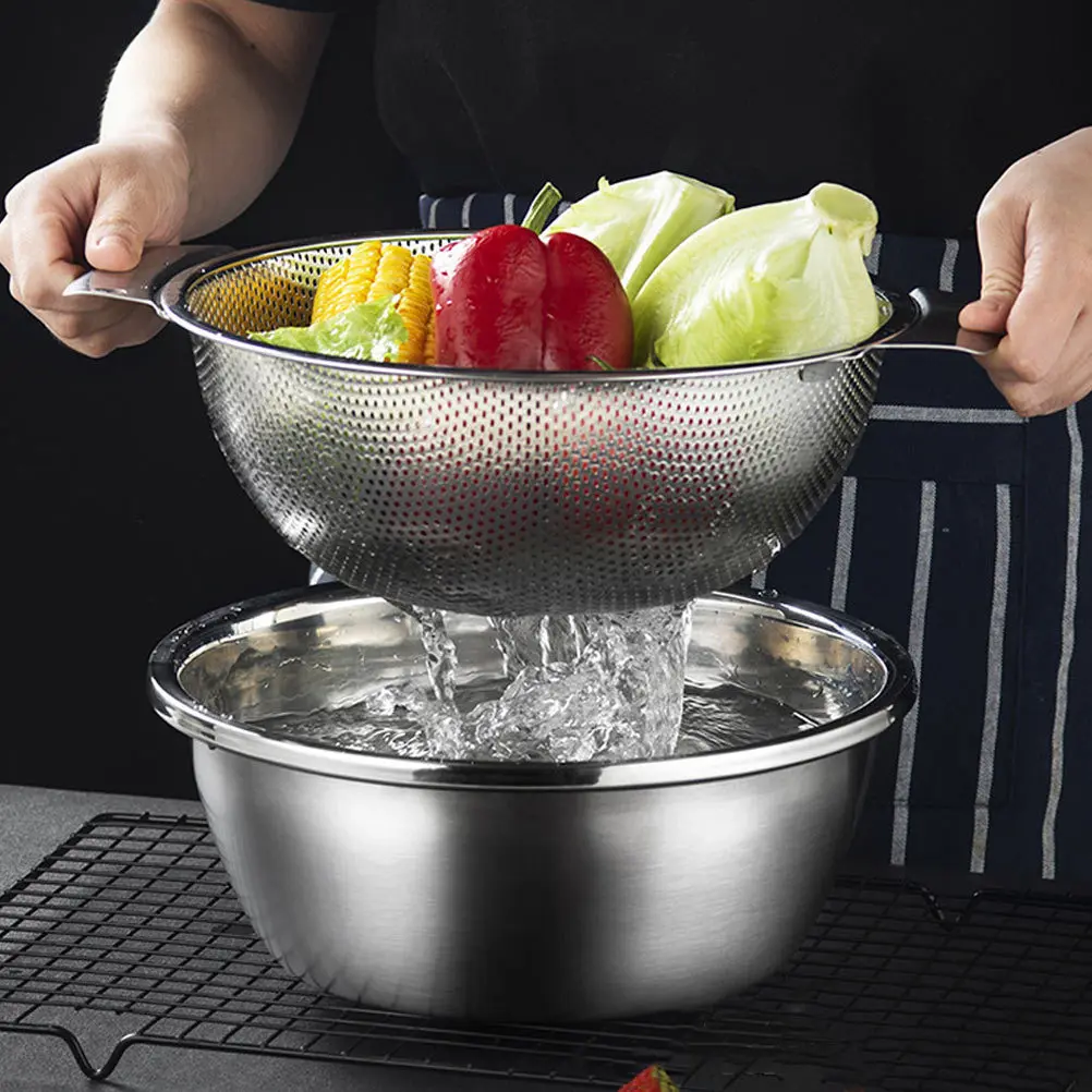 

1 set Drain Basket Set Double Layer Stainless Steel Kitchen Strainer For Fruit Vegetable Washing Filtering Basket