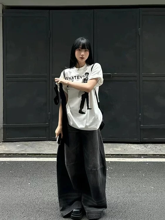 Retro American White Short Sleeve T-Shirt Women's Summer New Style Portrait Print Loose round Neck Top Trendy Streetwear