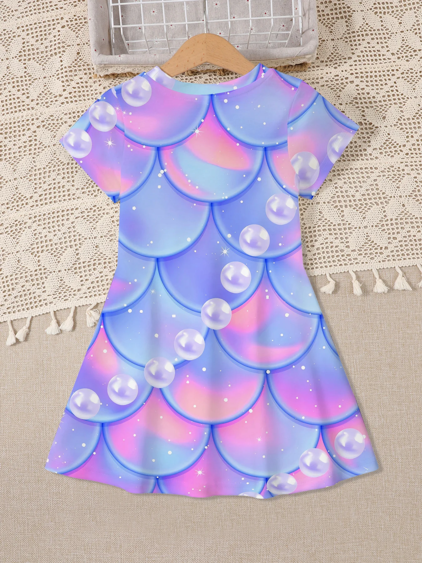 Little Girls Mermaid Scale Graphic Dress, Pastel Rainbow Fish Scales with Pearl Bubbles Pattern Short Sleeve Party Dress