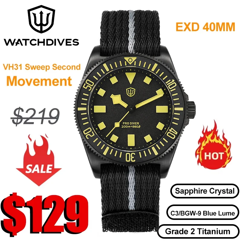 Image of Watchdives EXD 40 mm Herren-Titanuhr, japanisches VH31-Quarzwerk, 200 m, Taucheruhr, Saphirglas, Keramiklünette, BGW9, leuchtende Uhr