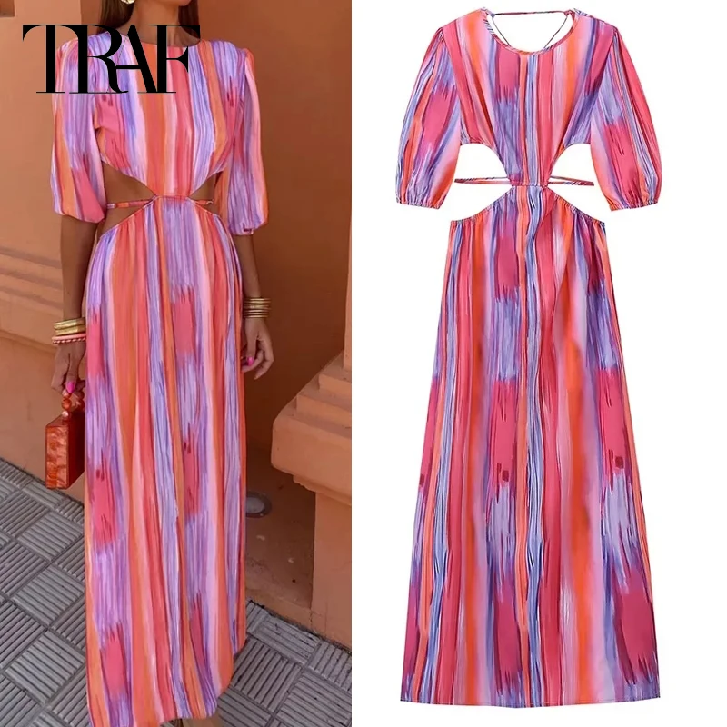 TRAF-فساتين نسائية مصبوغة بربطة عنق ، فساتين مجوفة ، أكمام قصيرة ، ظهر مكشوف الظهر ، ضمادة ، عطلة ، الصيف ،