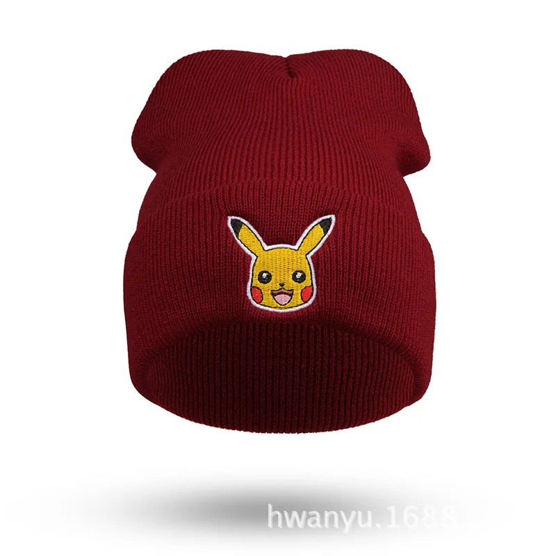 Pokemon Pikachu Anime Figure Gray Red Knitted Hat Hood Warm Embroidered Wool Boys Girls Unisex Winter Hats Birthday Gifts