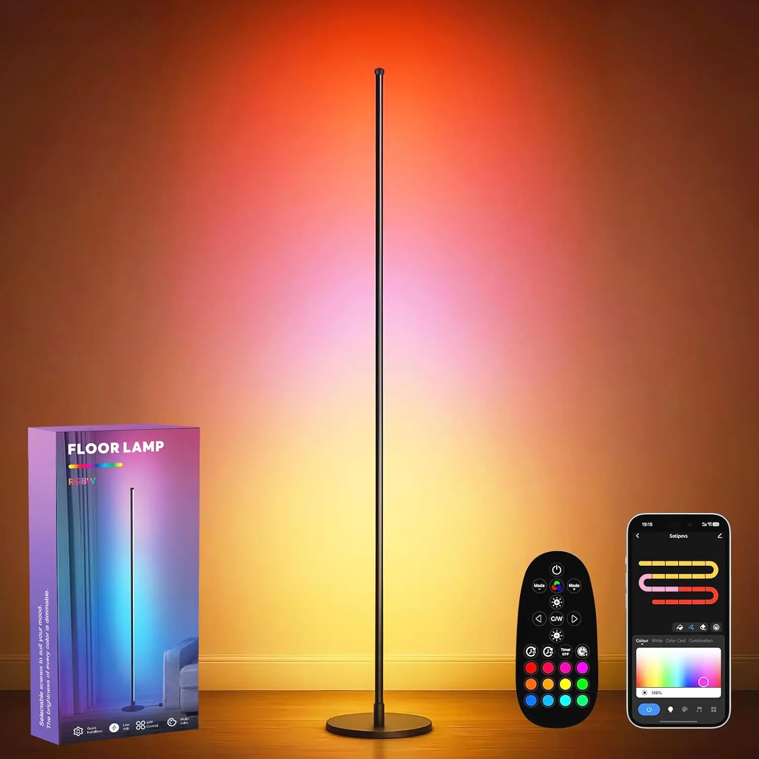 

Smart RGBICW LED Corner Floor Lamp, App & Remote Control, 16M Colors, Music Sync, Modern for Living Room, Bedroom, Gaming