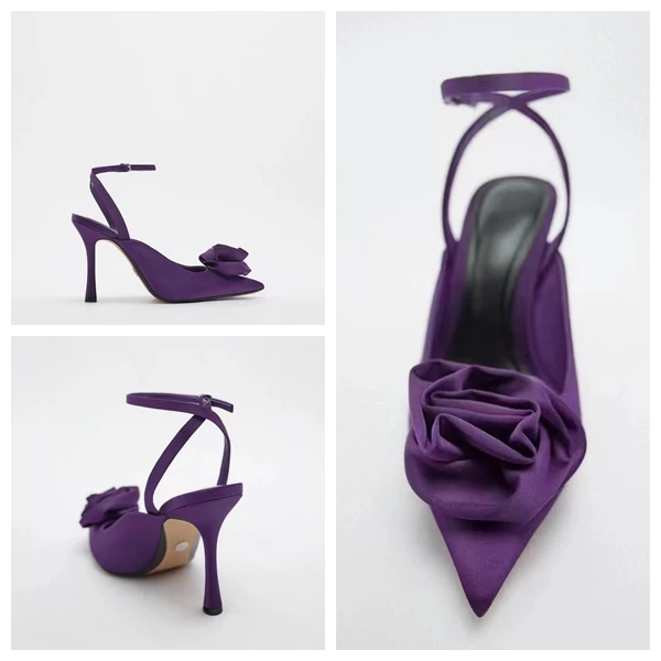 2024 Summer new products ZA home bag head women\'s shoes purple flower office decoration high-heeled bag head sandals