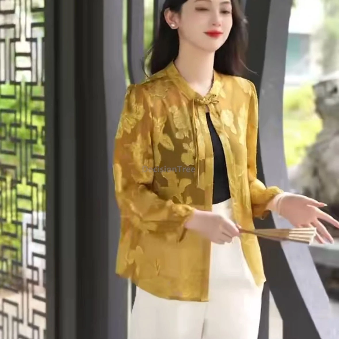 Summer Tang Suit Top New Chinese Style Women Sun-protection Shirt Loose Thin Long Sleeve Jacquard Chiffon Blouse Outerwear Top