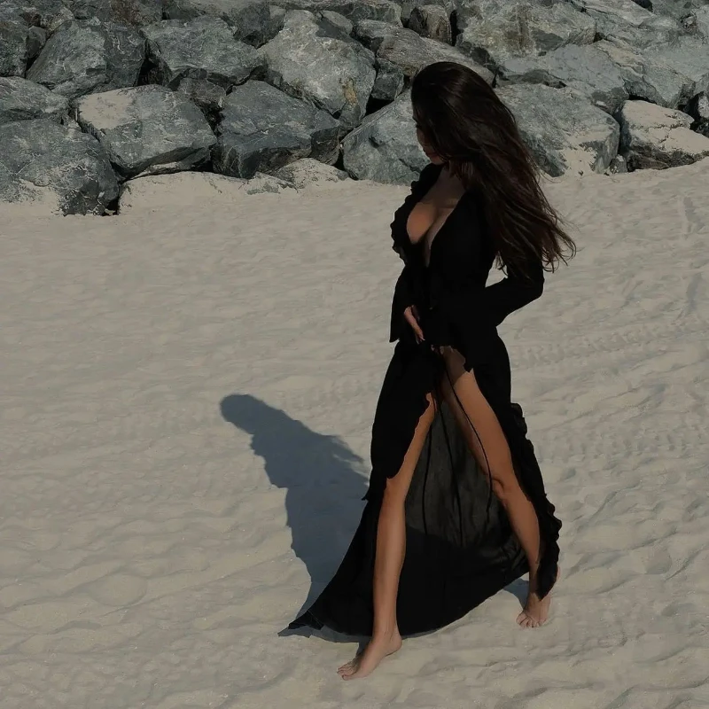 เซ็กซี่หญิงชายหาด V คอ Ruffled Lace Up เสื้อสเวตเตอร์ถักแขนยาวเอว Cinching Jacket Micro โปร่งใส smock ชุด