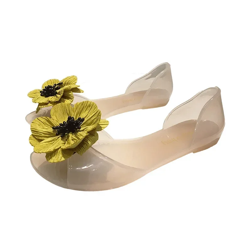 2024 moda verão respirável doce praia sapatos femininos transparente flor de cristal geléia moda sandálias para mulher