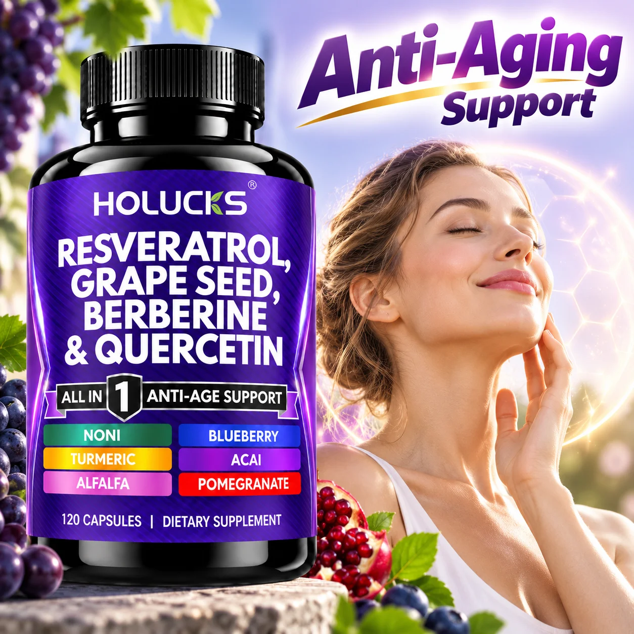 Resveratrol, Berberine, Grape Seed Extract, Quercetin, Polyphenol Supplement, Anti-aging, Antioxidant, Boost Cellular Energy