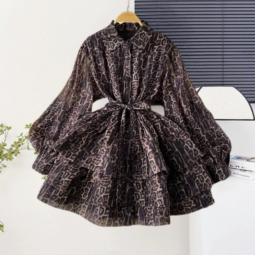 

Leopard Print Chiffon Long-Sleeve Mini Dress for Women, Elegant Clothing Dress